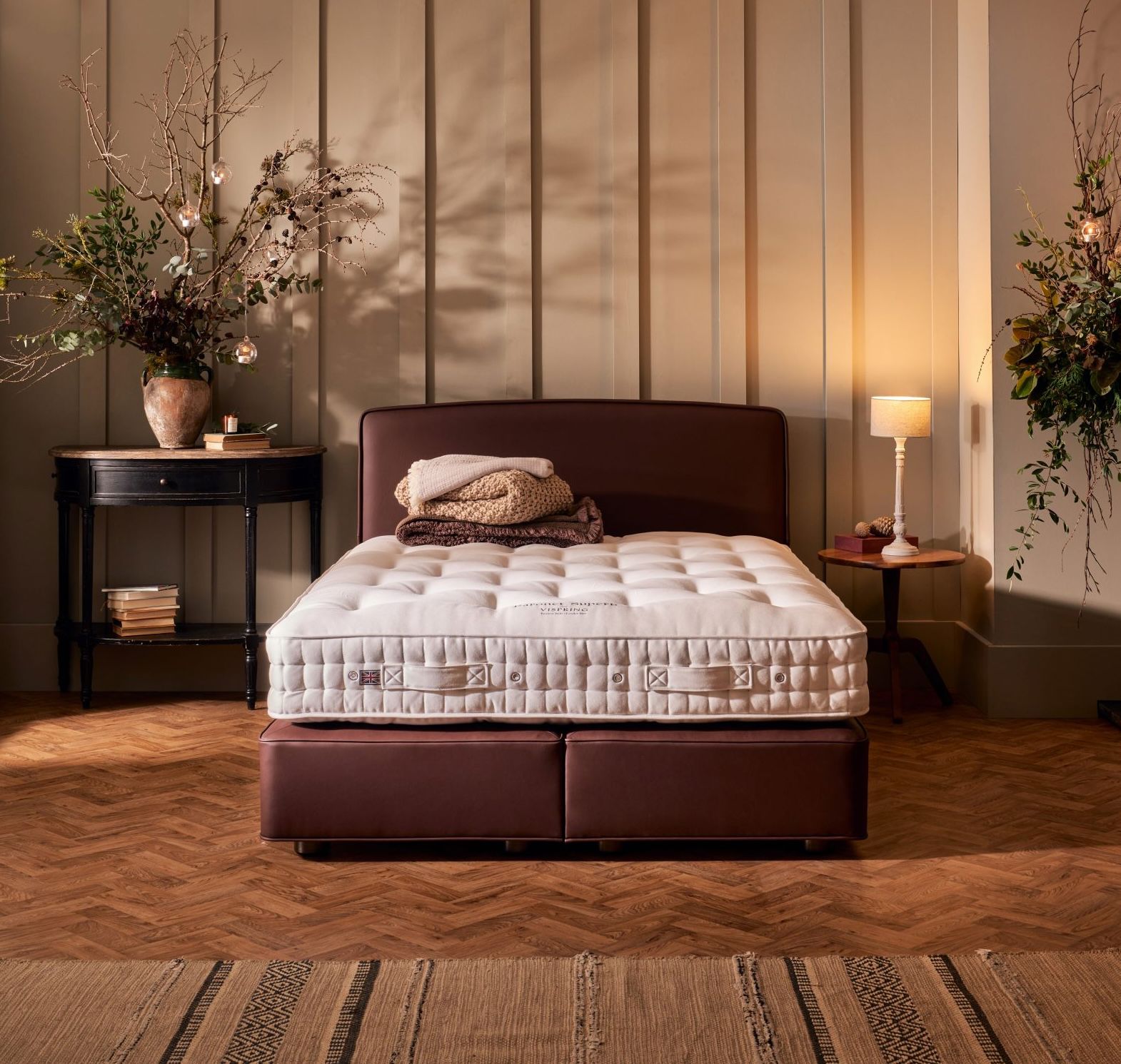 Unmade bed in a Christmas scene